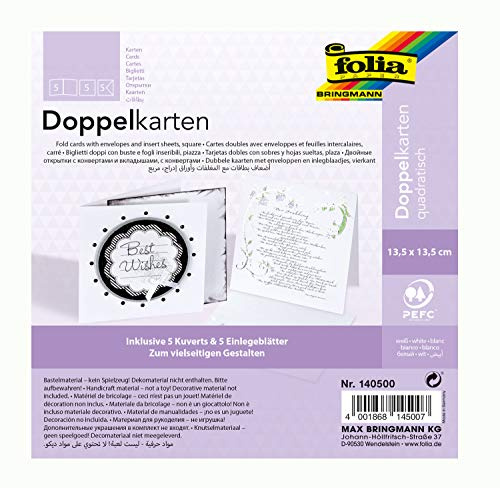 folia 140500 - Doppelkarten ca. 13,5 x 13,5 cm, je 5 Karten (220 g/qm), Kuverts und Einlagen, weiß - ideal für Einladungen, Glückwunsch- oder Grußkarten