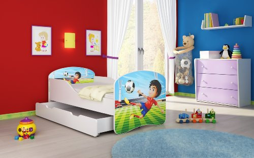 CLAMARO 'Traumland' Motiv Kinderbett 80 x 160 cm inkl. Matratze, Lattenrost und Bettkasten Schublade auf Rollen, Kantenschutzleisten und Rausfallschutz, Motiv: 13 - Fußballer Motiv