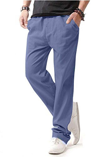 HOEREV Men Casual Strandhosen Leinen Hose- Gr. XXXL (Taille 45-47 zoll), Hellblau