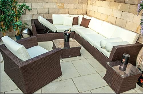 Ragnarök-Möbeldesign PolyRattan - DEUTSCHE Marke - EIGNENE Produktion - 8 Jahre Garantie Lounge Garten Möbel Glas Polster BRAUN Rostfrei Sofa