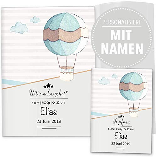 OLGS U-Heft und Impfpasshüllen 3-teiliges Set | Transport | Untersuchungsheft Hülle & Impfpasshülle Geschenkidee personalisierbar mit Namen (Uhefthülle, Impfpasshülle personalisiert, Heißluftballon)