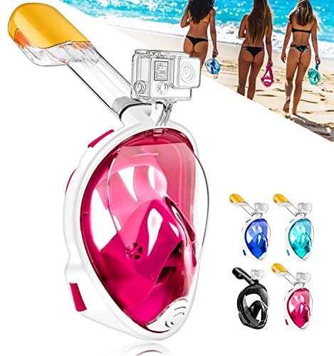 HINATAA Máscara de Buceo, 180°Panorámica Máscara de Snorkel de Cara, Anti-vaho Anti-Fuga,con Tapones con Tapones para los oídos Impermeables,GoPro Mount Easy Breathe para Adultos,Niños (Rosa, S/M)