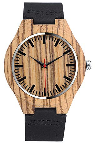 MICGIGI Herren Damen Geschäft Quarz Holzuhr Zebra Bambus Holz Armbanduhr mit Schwarz Leder Armband
