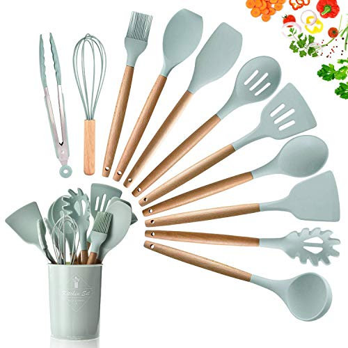 Dopgl Lot de 11 ustensiles de cuisine en silicone sans BPA et non toxique résistants à la chaleur avec poignées en bois