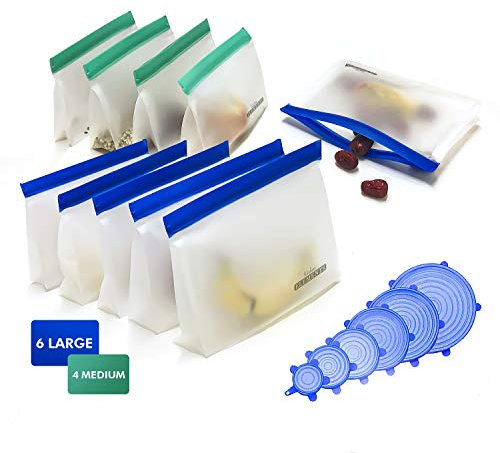 Kitchen Elements [10 Set] Premium Reusable Food Storage Bags | [6 Large + 4 Medium + Free Set of Silicone Stretch Lids] | Freezer Safe | Airtight & Leak-Proof | for Sandwiches, Snacks & More