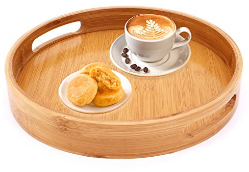 Bamboo Serving Tray, Round Serving Tray with Handles, Breakfast Dinner Tray Serving Platters for Coffee Wine Coffee Tea Fruit Meals (Small-25x25cm)