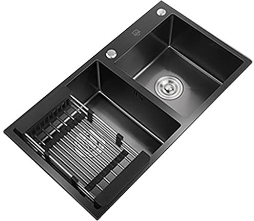 Kitchen Sinks Stainless Steel Double Bowl Sink, Large-capacity Black Stainless Steel Nano Sink, With Drain Rack (Color : Black, Size : 72x40x20cm)
