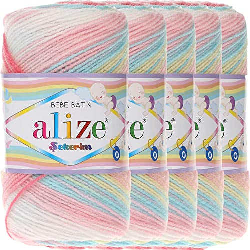 Hobby YARN Alize Sekerim Bebe Batik 5x 100g Türkische Premium Wolle aus Acryl Babywolle Strickwolle mit Farbverlauf Pastell Farbe Yarns für Babys Amigurumi (3045)