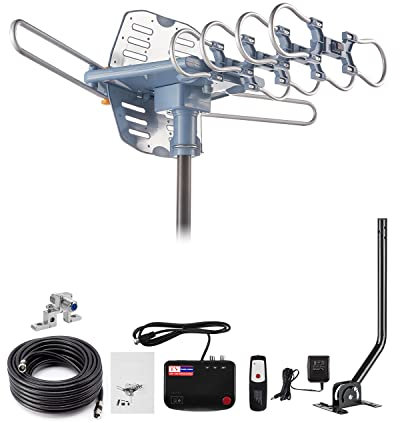 Yeceny Antena de TV al aire libre, antena HDTV amplificada digital y cable coaxial RG6 de 60 pies, 150 millas de largo alcance, control remoto inalámbrico de rotación de 360 grados, compatible con 4K