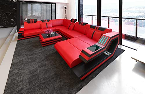 XXL Sofa Wohnlandschaft Ravenna Ledersofa U Form - mit LED Beleuchtung, verstellbare Kopfstützen, Recamiere/Lederfarben wählbar/Ausrichtung wählbar (Ottomane rechts, Rot-Schwarz)