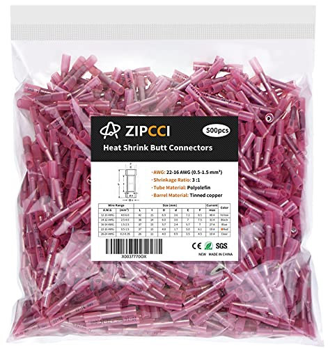 22-16 AWG Heat Shrink Butt Connectors - 500Pcs Red Crimp Waterproof Electrical Cable Wire Connector Speaker Automotive Marine Grade Wire Crimp Terminals Insulated Butt Splices
