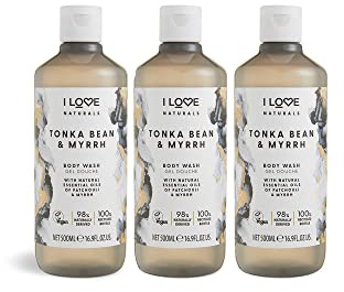I LOVE Naturals Tonka Bean & Myrrh Nourishing Body Wash - Patchouli & Myrrh Oils, Gentle Cleanser with Essential Oils, Vegan, Moisturising & Scented for Silky Smooth Skin 3 x 500ml