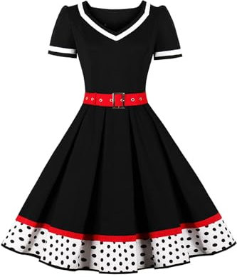 AXOE Damen 50er Jahre Kleider Rockabilly Vintage Festliches mit Abnehmbarer Gürtel A LinieWeiß Schwarz Polka Dots W2, Gr.46, 3XL