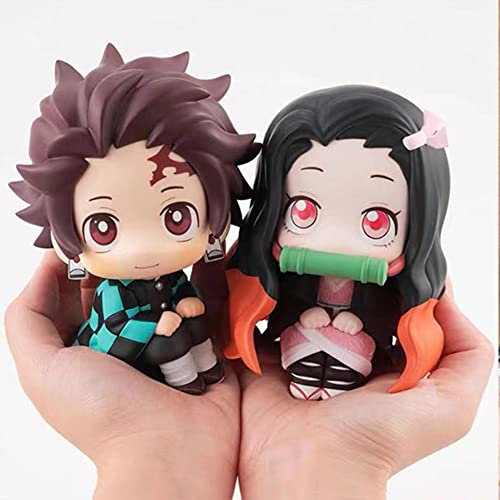 Xinchangda 2pcs Anime Kamado Tanjiro/Kamado Nezuko Figur Q Version Actionfiguren Sitzende Anime Figuren Cartoon PVC Statue Kuchen Dekoration 10cm