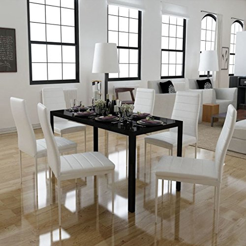 Tidyard Esstisch Set mit 6 Stühle | Sitzgruppe Esszimmerstühle Esstischgruppe Essgruppe Stuhlset | Kunstleder Glas Stahlrahmen Schwarz und wei?