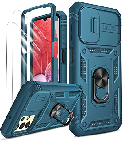 LeYi Objektivschutz Hülle für Samsung Galaxy A13 4G Schutzhülle mit Displayschutzfolie,Kammeraabdeckung Hybrid Handyhülle Outdoor Ringhalterung Cover Armor Kratzfest Case Halter Handy Hüllen Blau