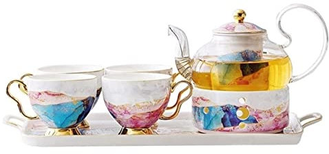 RUVOO Teeservice Japanische Teekanne Tee Service 6 Stück British Bone China Kaffeeset Kerze Heizung Glas Teekanne Set mit Tablett Teeset Kanne Kaffeetasse Teebecher Kaffeegeschirr Teeservice Set