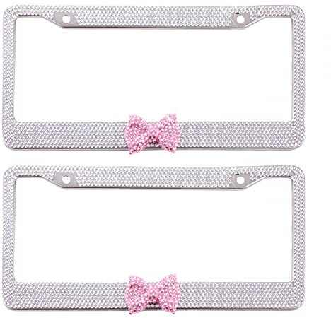 2 STÜCKE Kennzeichenhalter,Strass Edelstahl Nummernschildrahmen Glitzernder Rostfrei Nummernschildhalter mit Strasssteinen Schleife für Universalfahrzeuge SUV LKW
