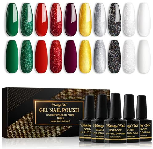 Shining She Nail Polish, 10 Colours Green Red White Gold Sliver Black Glitter Christmas Gel Polish Set UV/LED Manicure for Women Nail Art Salon DIY Home, 8ML
