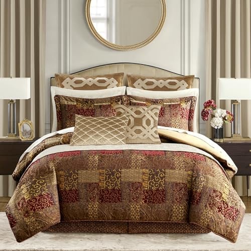 Croscill Galleria 4 Piece Jacquard Oversized Comforter Set, Luxury Traditional Patchwork Design Comforter Sets, Ultra Soft Bedding with 2 Pillow Shams, 1 Bed Skirt, Galleria, Queen, Red