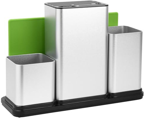 3 in 1 Ceppo Coltelli Grande, 33x23cm, Portacoltelli Acciaio Inossidabile con Foro di Scarico, Porta Utensili Inox, Blocco Coltelli Vuoto per 8 Coltelli, Organizzatore Posate Cucina (A)