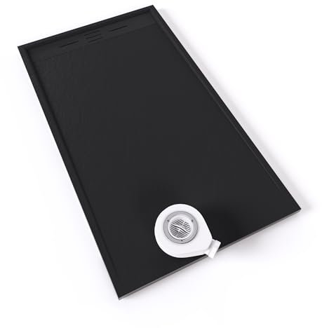 Moments of Glass Plato de ducha SMC Hiemal 160x90 cm, Negro RAL 7021 – Antiderrapante, Textura Pizarra, Antibacteriano, Resistente a agentes químicos – Incluye válvula y rejilla