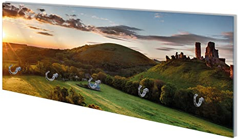 Wallario Wandgarderobe aus Glas in Größe 80 x 30 cm mit Memoboard-Funktion, Motiv: Schlosspanorama in England bei Sonnenaufgang | 5 Kleiderhaken zum Aufhängen von Jacken