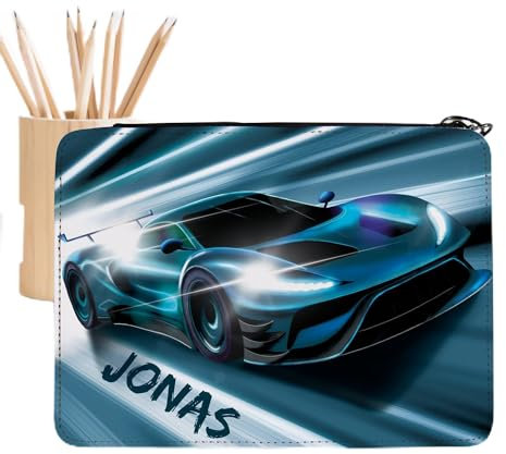 Wandtattoo Loft Gefüllte Federmäppchen Jungen mit blauen Rennauto Motiv, personalisierbar mit Wunschnamen, Federmappe Grundschule, Schulmäppchen Jungen, Federtasche Jungen, Federmappe Junge, Federetui