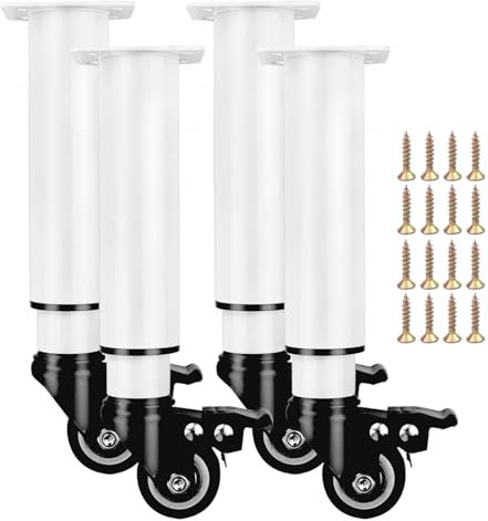 Furniture Adjustable Legs, Metal Bed Support Leg Central Slat Frame Couch Replacement Support Leg Part, Heavy Duty Furniture Foot with Castor for Cabinet/Dresser/Table/Sofa 24.5-36CM (White 4 Pcs)