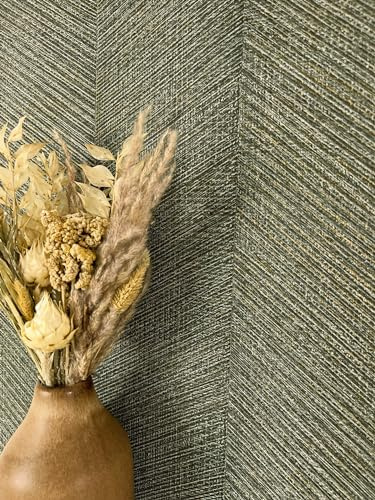 Newroom Vliestapete Grün Streifen Chevron Schlafzimmer Modern Tapete | Olivton Fischgrätmuster mit goldenen Einsprenkelungen, Gewebestruktur, changierender Schimmer, Mustertapete Boho Wohnzimmer