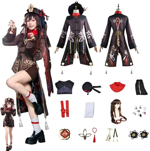 Daotutu Spiel Genshin Impact Cosplay Kostüm Outfit Rolle Hu Tao Cosplay Uniform Komplettset Set Halloween Karneval Party Dress Up Anzug mit Perücke (L)