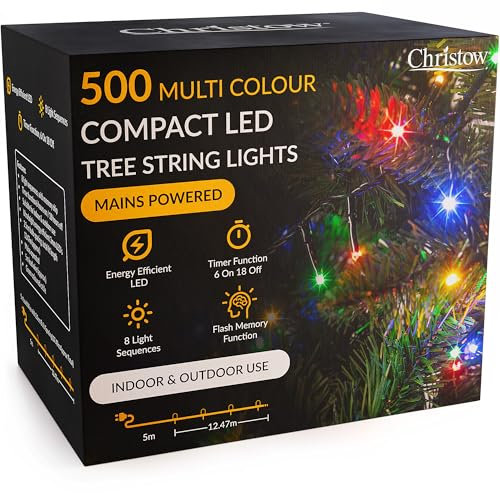 CHRISTOW 5ft Christmas Tree Lights, 500 Multi-Coloured LED Fairy Lights with Timer, 8 Light Modes, Energy Efficient 3mm LEDs, Indoor & Outdoor, Mains Powered, Green Cable (12.47m Lit Length)
