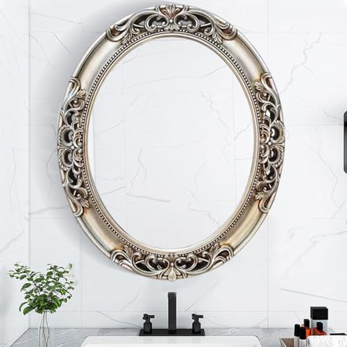 KXWOQ3ED Oval Barock Rustikale Spiegel, 60 x 72cm Dekorative Spiegel, Wand-Dekor-Spiegel für Schlafzimmer, Bad, Wohnzimmer, Eitelkeit, Bauernhaus(Silber)