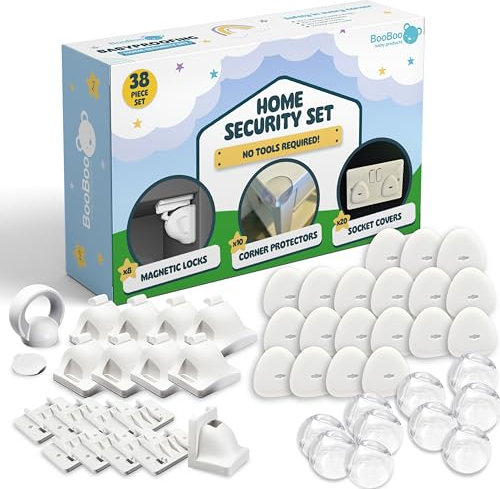 Booboo Baby 38 Pack Magnet Child Safety Baby Proofing Kit | x8 Magnetic Child Safety Cupboard Locks, x10 Corner Guards, x20 Plug Socket Protectors | Baby Proofing for Kitchen, Cabinets and Drawers