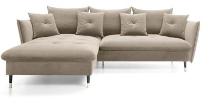 DomoHome Ecksofa Glam mit Schlaffunktion, Freistehend, Ottomane und Goldenen Füßen – Samtsofa im Glamour-Stil für Ihr Wohnzimmer, mit Zierkissen, 258x167x91cm, Linke Seite BEIGE