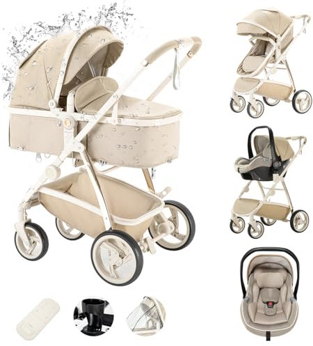 Zkiprm Pelle Passeggino 3 in 1, Sistema di Viaggio 3 in 1 Con Seggiolino Auto, Con Rivestimento Pioggia, Telaio Alluminio, Carrozzina da città pieghevole con una sola mano per bambini 0-4 anni, Cachi