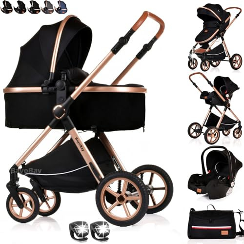 3 in 1 Travel System Baby Pram Buggy with Car Seat Pushchair Carriage Child Lightweight Folding Stroller for Newborns Toddlers from Birth up to 22kg New 2025 Style (BB3 - Black Gold, BB3)