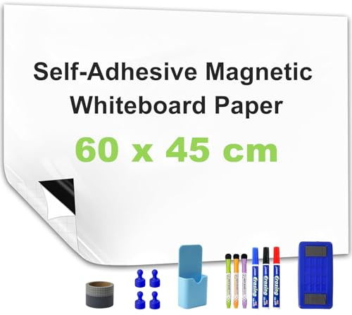 WIBOSOGA Vinilo de pizarra blanca magnético autoadhesivo, 60 x 45 cm | Lámina de pizarra borrable para pared con rotuladores, borrador magnético e imanes, ideal para hogar, escuela y oficina