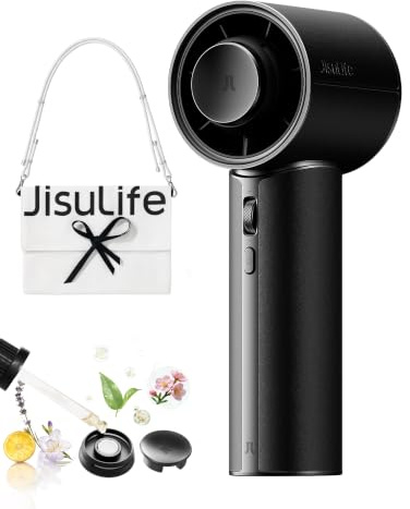 JISULIFE Handventilator, PU-Leder, 30 Stunden Kühlleistung, Aromakapsel | 100-stufiger Turbo-Luftstrom, LED-Anzeige, tragbarer Ventilator für Reisen – Samtschwarz (Pro1 Mini, 1 Stück)