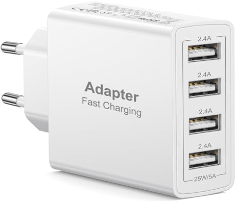 Chargeur USB Prise, 4 Ports Prise USB Multiple 25W/5V Chargeur Rapide Multiprise USB Adaptateur Secteur Murale Universel Chargeur Rapide pour iPhone 17 16 15 14 13 12 11 XR X, iPad,S-amsung S25 S24