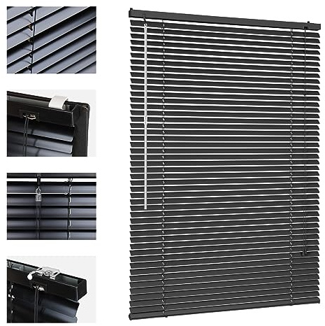 Sekey Klemmfix-Jalousie für Fenster freihängend, 25mm Alu-Lamellen, mit Bohren, inklusive Montagematerial Aluminium-Jalousie ohne Bohren, 120x160cm, Schwarz