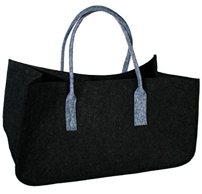 Haus und Deko Kaminholz Filztasche Zeitungsständer Kaminholztasche aus Filz mit Henkel Korb Schwarz mit grauen Tragegriffen