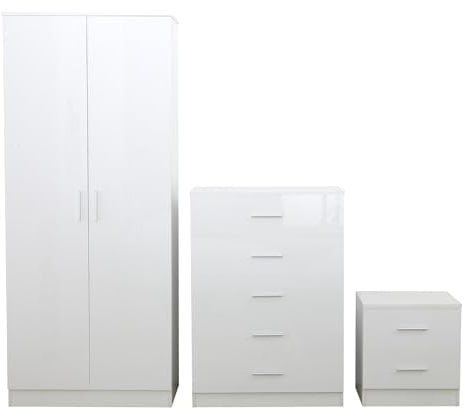 Reflect 3 Piece Bedroom Furniture Set - Double PLAIN Wardrobe + Tallboy Chest of 5 Drawers + 2 Drawer Bedside (White Gloss/Matt White)