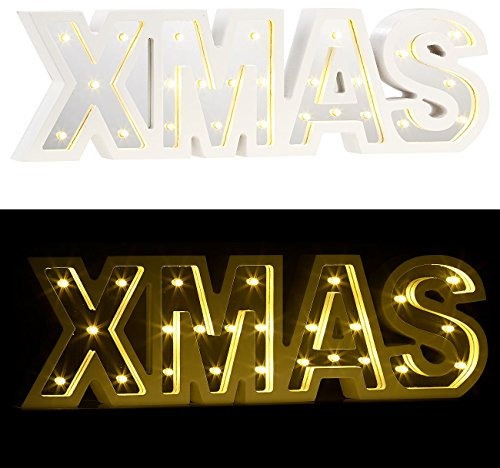 Lunartec Fensterdeko: LED-Schriftzug Xmas aus Holz & Spiegeln mit Timer & Batteriebetrieb (Xmas Schriftzug beleuchtet, Buchstabendeko, Leuchtbuchstaben)