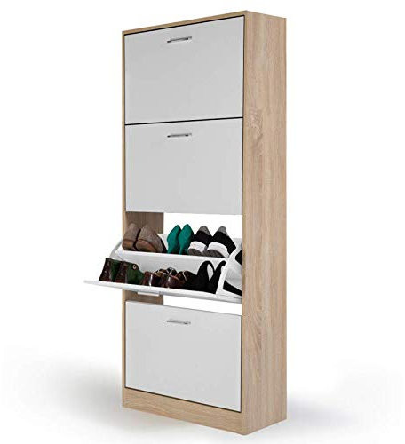 IDMarket - Zapatero de 24 pares KLARK imitación haya 4 puertas blancas