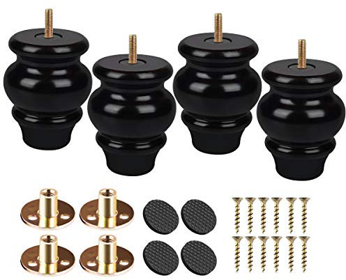 Btowin 3.6 Inch/ 9cm Solid Wood Furniture Legs, 4Pcs Black Turned Wooden Bun Feet with Threaded 5/16'' Hanger Bolts & Mounting Plate & Screws for Sofa Cabinet Ottoman Loveseat Recliner