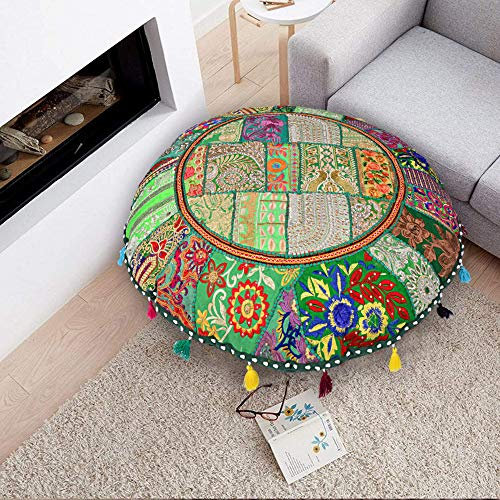 Flyingasedgle Rajasthani handgefertigter, farbenfroher dekorativer Bodenkissenbezug, Meditation, Patchwork, Patchwork, Kissen, Sitzakzent, Boho-Chic, indischer handgefertigter Bezug (grün, 81,3 x 81,3