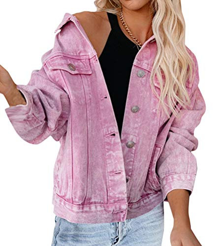 Minetom Donne Ricamo Moda Denim Giacca Manica Lunga Cappotto Casuale Capispalla Classico Giacche in Jeans Washed Tasche L Rosa 46
