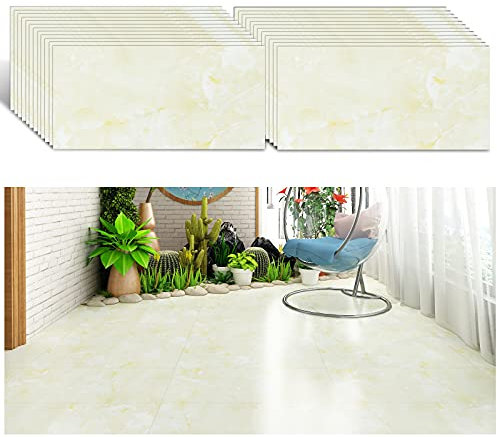 VEELIKE Vinylboden Selbstklebend 24 Stück 60 cm x 30 cm PVC Fliesen Marmor Gelb Klebefliesen Boden PVC Bodenbelag Fliesenaufkleber Marmoroptik Küche Küchenfliese Fußbodenbelag Badezimmer Wasserfest