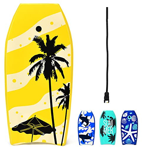 RELAX4LIFE Schwimmbrett tragbar, Schwimmboard mit Halteleine, Rutschfestes Surfbrett für Kinder & Erwachsene, Surfboard bis 85 kg belastbar, Bodyboard Shortboard, 104 x 52 x 6cm, XPE HDPE (Gelb)